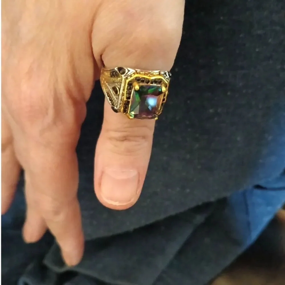 Men's Turkish Signet Ring Square Mystic Topaz Stone Size 11
